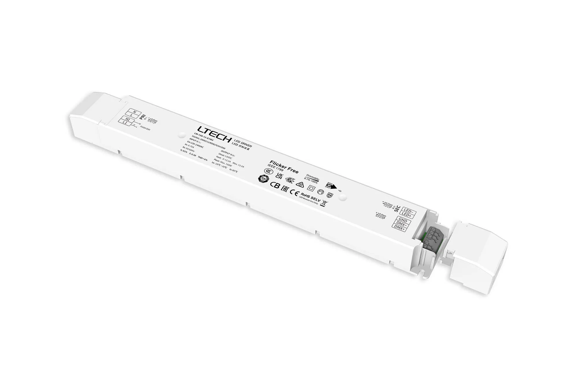 DMX512/RDM/Push DIM, 0-100% Dim, CV 150W, 12Vdc 12.5A, 200-240Vac, IP20, 5yrs Warranty. LM-150-12-G1M2  LTECH DMX Constant Voltage